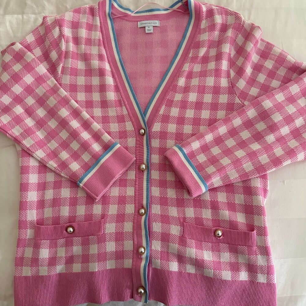 Charter Club Cardigan Sweater XL Pearl Button Retro 50s Pink Plaid Barbiecore